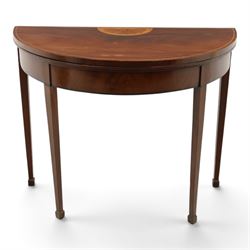 Edwardian mahogany inlaid demi-lune side table, inlaid top with shell motif, green baize i...
