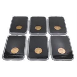 'The Bicentenary Sovereign Collection', comprising George III 1820 gold full sovereign, Queen Victoria 1872 gold full sovereign, George V 1925 and 1932 gold full sovereigns, Queen Elizabeth II 1979 and 2017 gold proof full sovereign coins, cased 