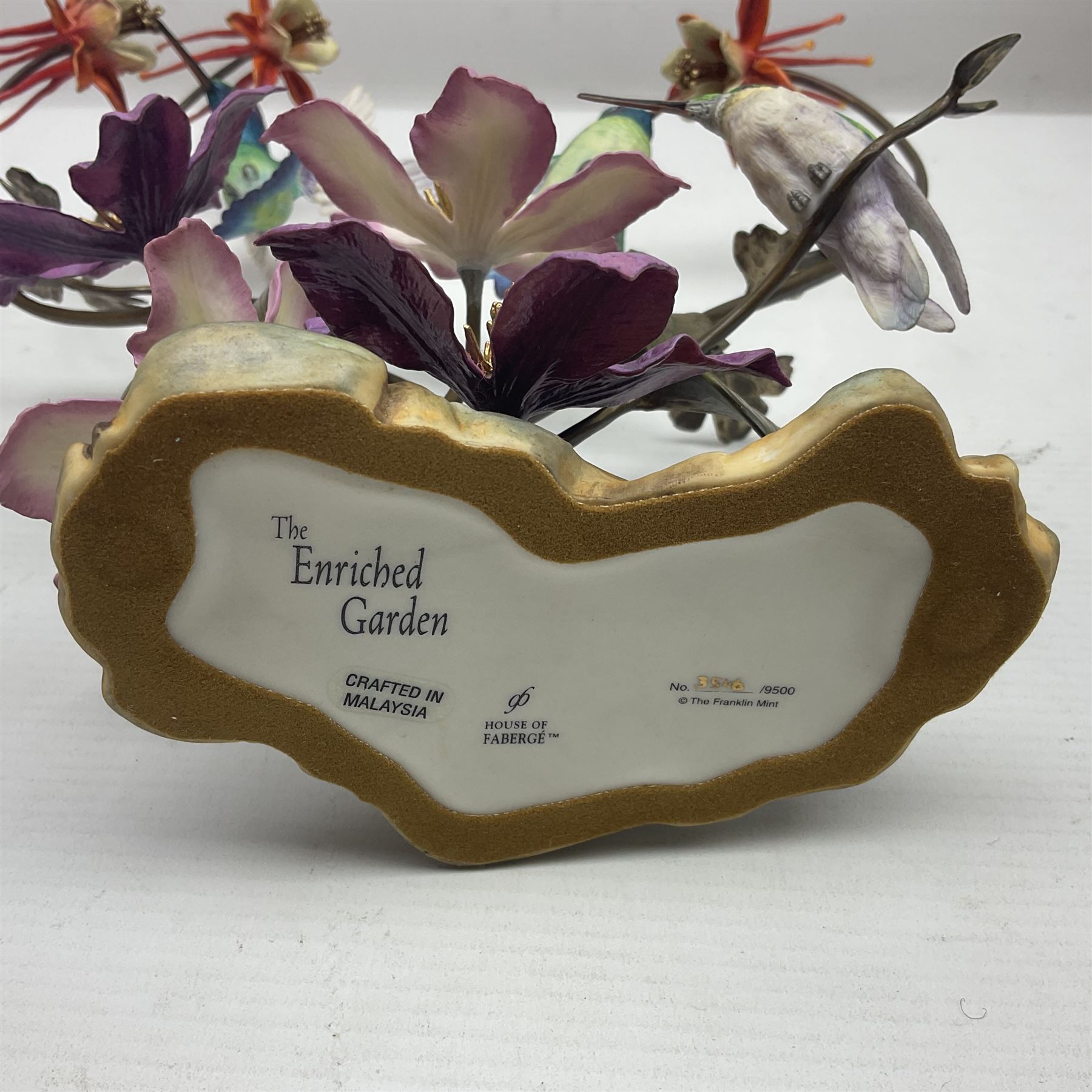 Franklin Mint House of Faberge, four humming bird figure groups, comprising Flight of Fancy, Beauty in Bloom, Splendor in the garden and The Enriched Garden, largest H35cm