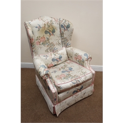  Peter Guild Ltd. Knole three piece suite, comprising: three seat sofa, W230cm, D90cm, H88cm, W144cm. D90cm, H88cm, two seat sofa, W144cm. D90cm, H88cm, wing back chair, W78cm,D80cm, H105cm and square lift top footstool, W60cm, D60cm, H44cm, upholstered in beige botanical fabric, (4)  