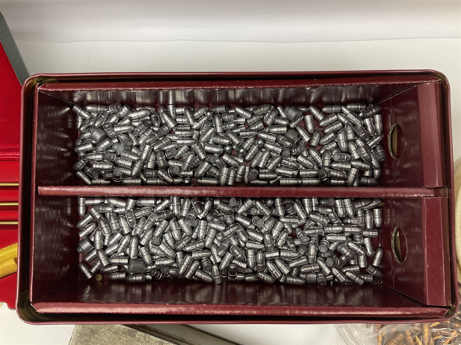 Assorted gun cleaning equipment including .303 brass oil bottle and boxed Webley Cleaning Kit etc; together with quantity of various calibre bullets for reloading 