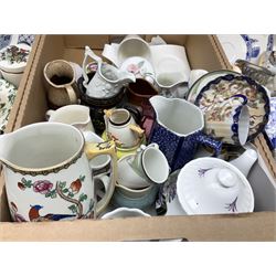 Quantity of various ceramics and glassware to include pair of Disney Mickey and Minnie Mouse cowboy Sherriff figures, stamped Japan beneath, Mason's ironstone, Wedgwood, Portmeirion, tea and dinner wares, collectors plates, glass animals etc in four boxes