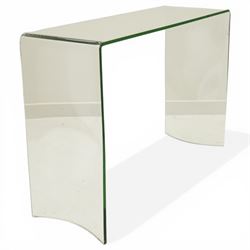 Ochre - contemporary glass console table, rectangular top over shaped twin end supports with concave terminals
