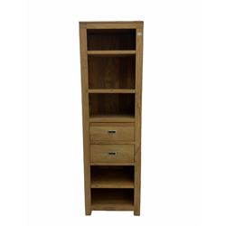 Hardwood narrow open bookcase, fitted with open shelves and two drawers