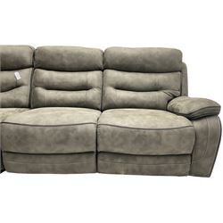 Large contemporary reclining corner sofa, upholstered in gunmetal grey faux suede fabric with black piping