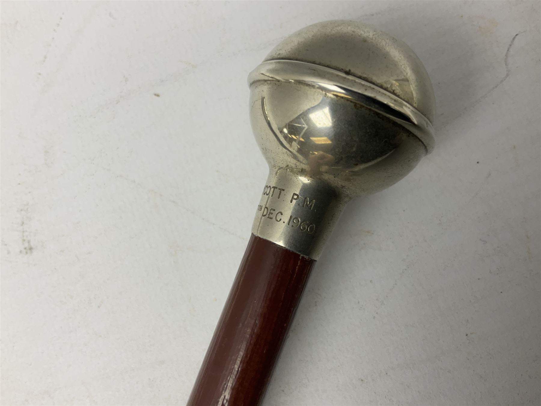 Three military swagger sticks - 14th Foot West Riding POWO Regiment; Northern Cyclist Battalion; both with regimental crests; and another with spherical terminal inscribed L/Cpl. Boycott P.M. WC. C.C.F. 7th Dec. 1960 (Combined Cadet Force?); all with plated mounts (3)