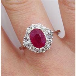 18ct white gold oval ruby, round brilliant and baguette cut diamond cluster ring, stamped 750, ruby 1.75 carat, total diamond weight 0.55 carat, with World Gemological Institute Report