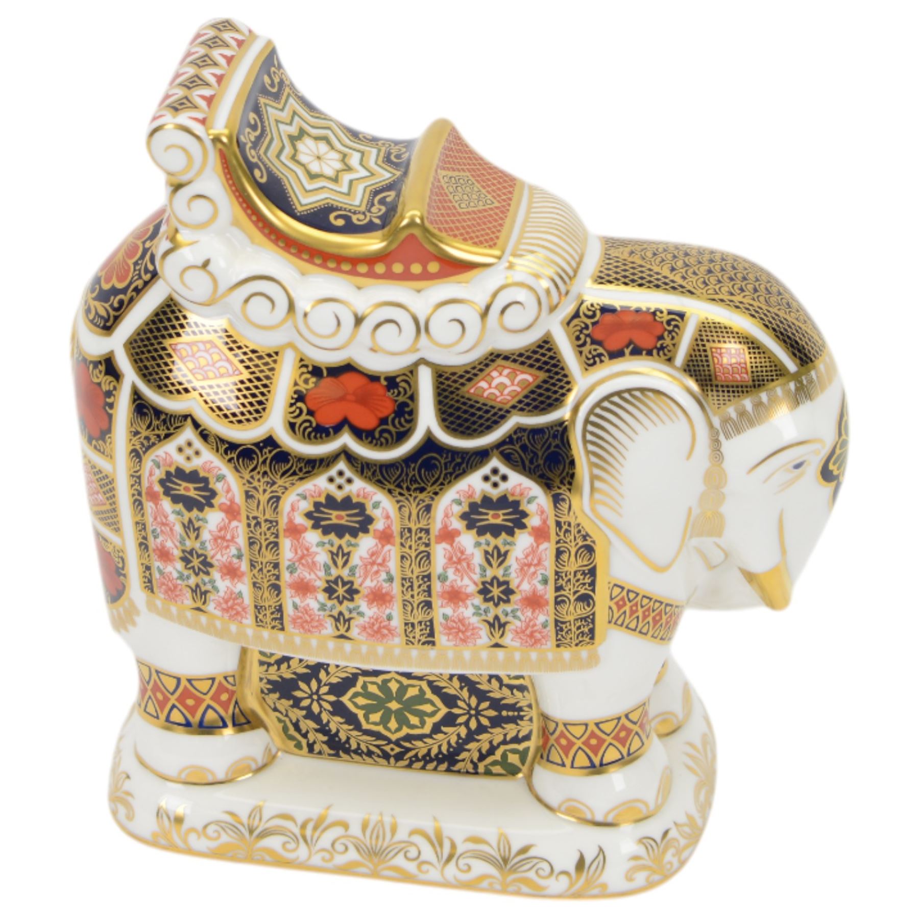 Royal Crown Derby paperweight, Large Imari 1128 Elephant made for Harrods of London, with a gold stopper, limited edition 140/150 with certificate and original box, H21cm 
