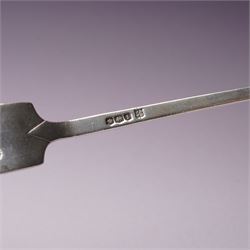 Silver topped glass trinket jar, small circular photograph frame and dessert fork