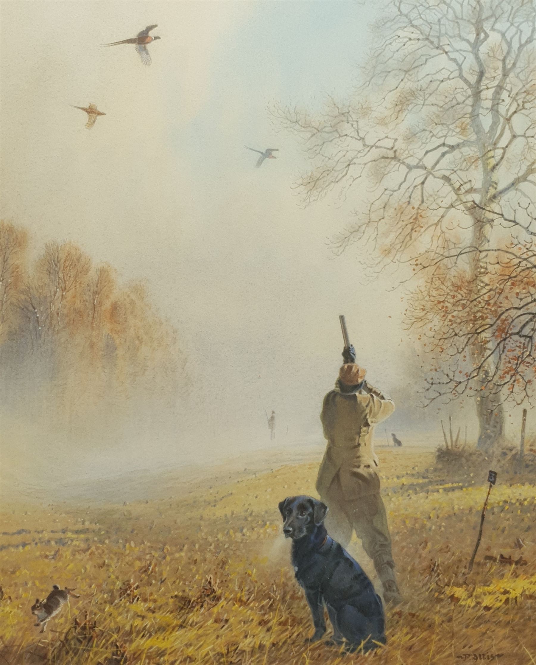 Peter Allis (British 1944-): Pheasant Shooting with Black Labrador, watercolour signed 47cm x 38cm