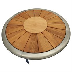 Circular metal framed and teak garden table
