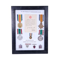 WWI framed medals, One framed set, medal duo war and victory medals, awarded to 79250 John Mottershead Royal Flying Corps, with ribbon band and paperwork, the second frame, medal trio 1914-15 star, war and victory medals, awarded to 29274 Cpl John Thorburn 16th Canadian Infantry together with Women's Royal Voluntary Service medal and badges     