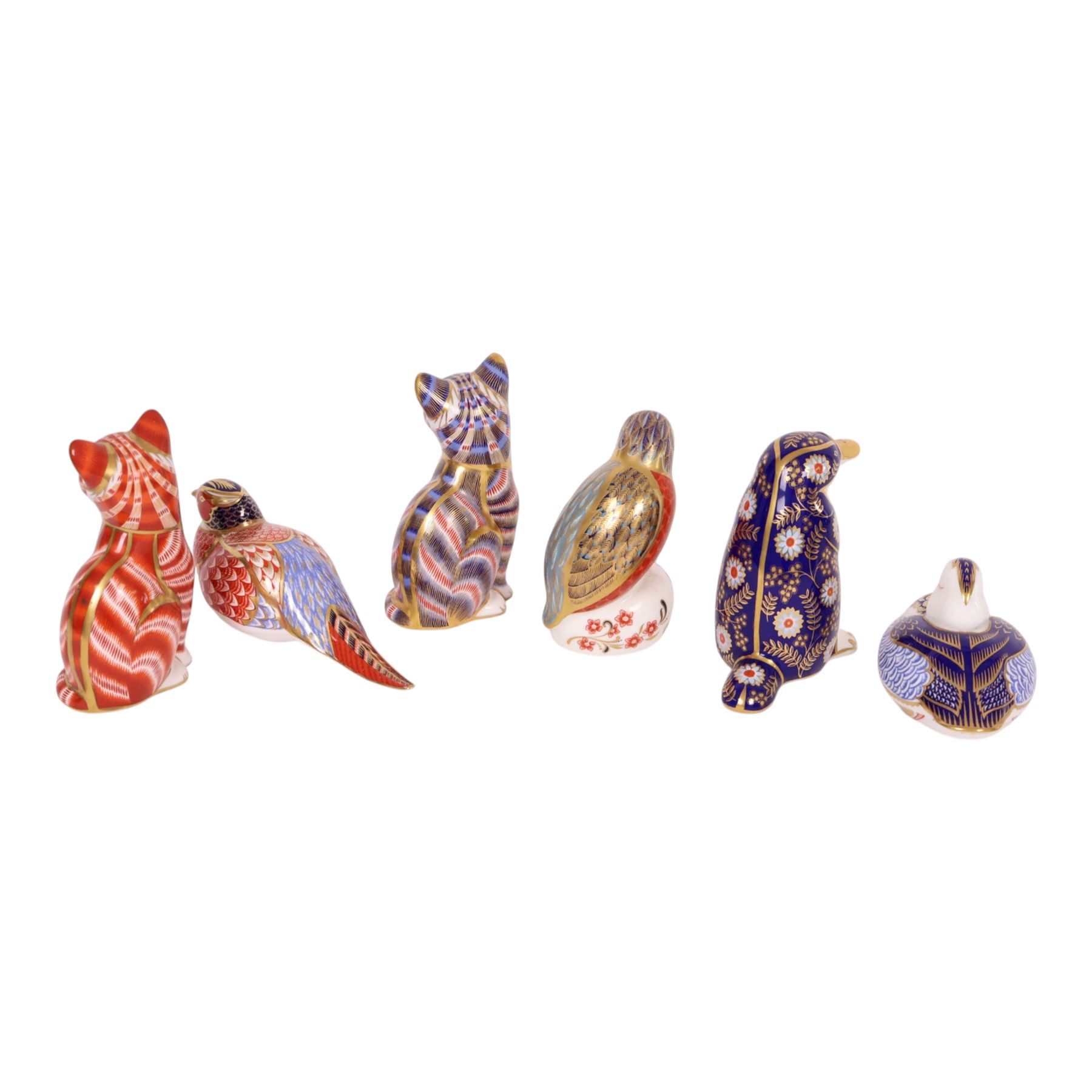 Royal Crown Derby paperweights, including Platypus gold stopper, Kingfisher silver stopper and four others without stoppers