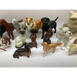 Beswick figures to include, english setter 'Bayldone Baronet', model no 973, collie, model no 1791, sheepdog, model no 1792, black labrador, model no 1548, Irish red setter, model no 966, Connoisseur Beagle on a wooden plinth 1933B, frog in cream matt, model no 368, etc 