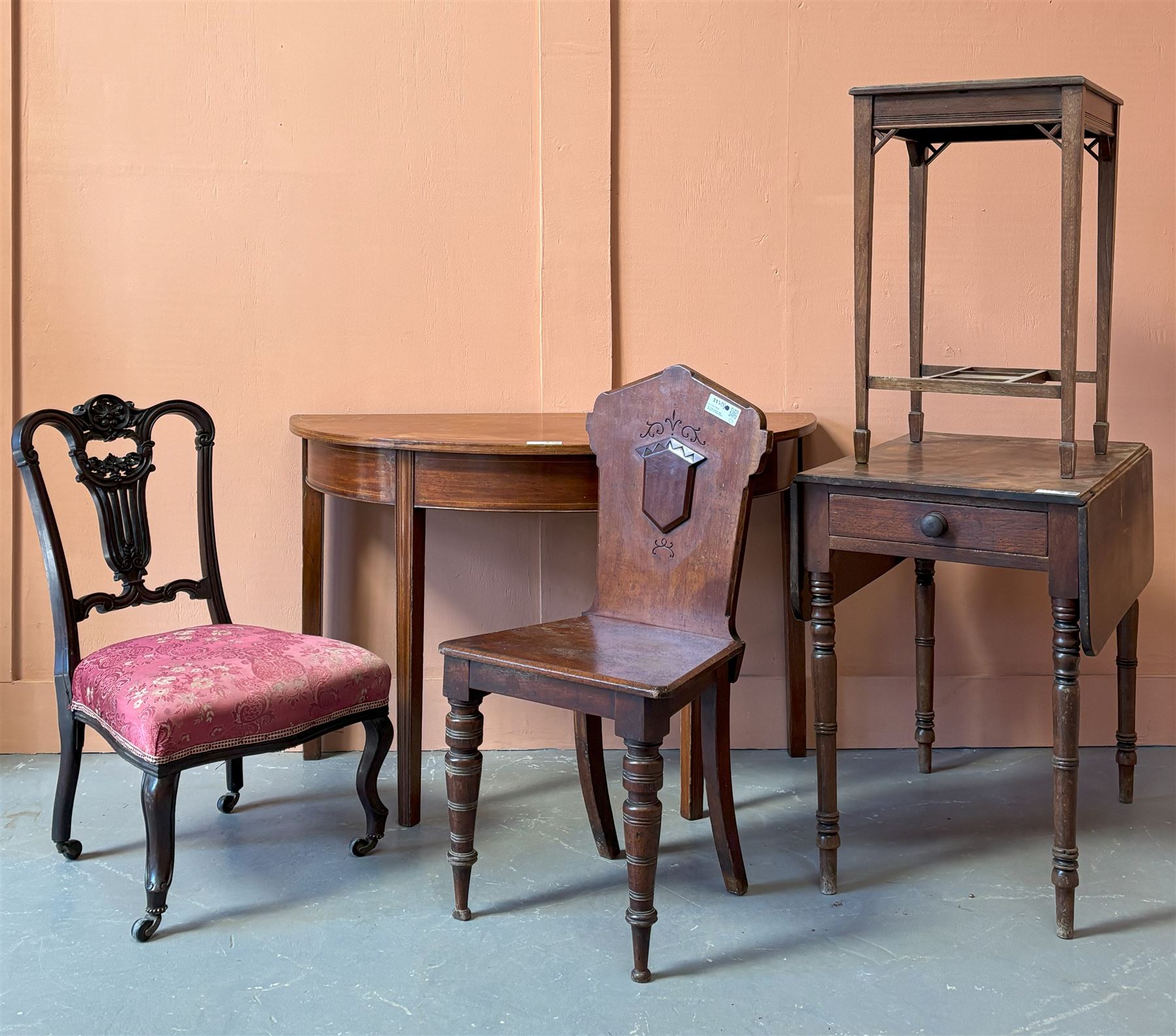 Georgian mahogany demi-lune console table with boxwood string inlay, together with two Victorian side chairs, a mid 19th century mahogany Pembroke table, and an Edwardian mahogany lamp table (5) - COLLECTION BY APPOINTMENT FROM: The White House, Thirsk Road, Easingwold, York, YO61 3NF - CALL 01723 507111 TO ARRANGE