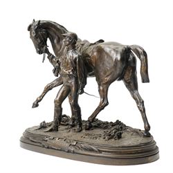 After Pierre Jules Mene (French 1810-1879): Vainqueur!!!, bronze equestrian group of a Derby jockey leading his horse on naturalistic moulded oval base, titled signed and dated 1866, H37cm W43cm