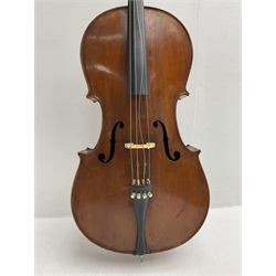 German cello c1900 with 75cm two-piece maple back and ribs and spruce top L121cm overall; in canvas carrying bag; modern Rumanian three-quarter size cello bearing label 'Made in the Workshops of Andeas Zeller Rumania for The Stentor Music Co. Ltd.' L115cm overall; in vinyl carrying case; and Chinese violin for completion; in carrying case with bow (3)