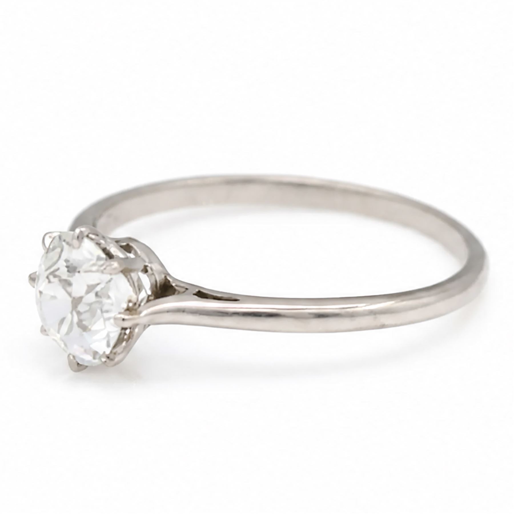 Early 20th century platinum diamond ring, single with a single old cut diamond of approx 0.85 carat, in tooled leather ring box
