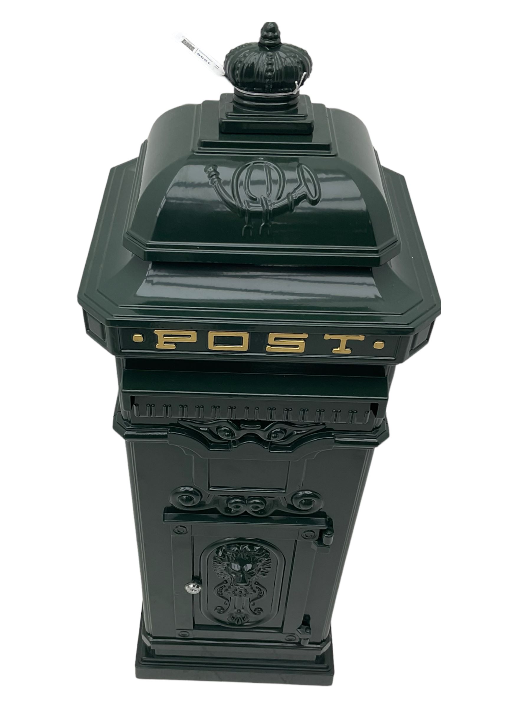 Victorian style cast aluminium green painted post / mail box, with keys
