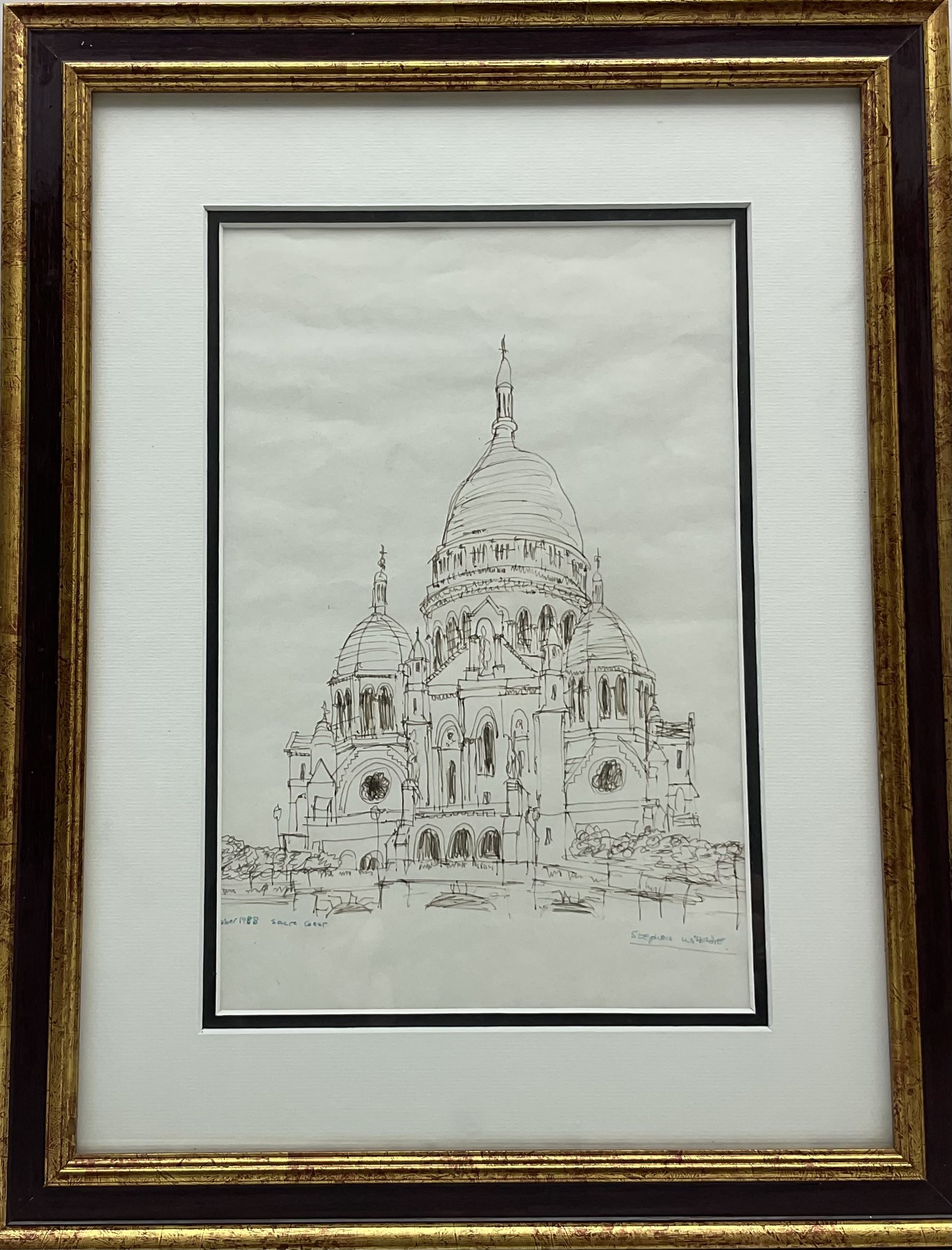 Stephen Wiltshire (British 1974-): 'Sacre Coeur' Paris, pen and ink sketch signed titled and dated October 1988, personalised dedication verso 29cm x 19cm 
Notes: Wiltshire is a renowned autistic savant who can produce detailed architectural drawings from memory after viewing a scene just once. He has been compared to the character of Raymond Babbitt in the 1988 film Rain Man, which the artist considers one of his favourite films; coincidentally, the present picture was drawn by Stephen in the same year, when he was aged just fourteen. The following year, he appeared on the cover of You magazine with actor Dustin Hoffman, who portrayed Babbitt. In 2006, he was awarded an MBE and opened a permanent gallery on the Royal Opera Arcade in London.