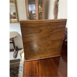 19th century burr walnut correspondence box, the sloped front opening to reveal a fitted interior with perpetual calendar, letter racks, and pen tray between two inkwell recesses, above a pull out draw with recessed brass handle, H41cm L40.5cm D28.5cm