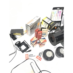 Large quantity of photo developing, dark room and photography equipment - quantity of Fogro 2'' x 2'' slide frames, PHILIPS movielight PSG125, Paterson 2 print forceps, atlas photo flash M3 clear, two Paterson 35mm developing tanks, Ilford photography paper 12'' x 16''and 8'' x 10'', Fujifilm photography paper 8'' x 10'' and 12'' x 16'', Rondinax 35U developing tank boxed, Simma Roller, two Ilford processing drums 30x40cm and 20x25cm, two other processing drums, Paterson 35mm contact proof printer, S&K 60D-C colour analyser etc... in three boxes