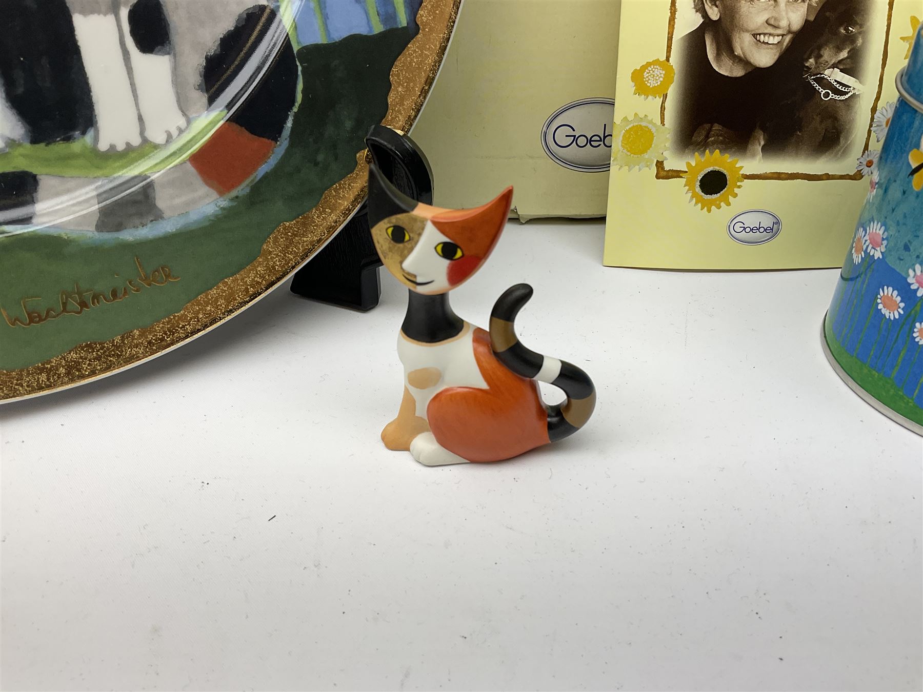 Goebel Rosina Wachtmeister cat figure and plate, both with original box, cat H8cm