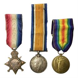 WW1 group of three medals comprising British War Medal, Victory Medal and 1914-15 Star awarded to 90434 Gnr. R.G. Rhodes R.F.A./R.A.; all with ribbons