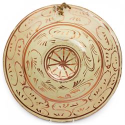 Hispano Moresque 19th century charger, decorated in copper lustre and cobalt blue with feathers and floral motifs, D37cm 