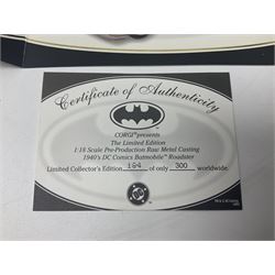 Two Corgi DC Comics die-cast Batmobiles comprising 1:18 scale die-cast Limited Edition Pre-Production Raw Metal Casting 1940 Batmobile Roadster no. 184/300, and 1:24 scale die-cast Limited Edition Raw Metal Casting 1960 Batmobile no. 858/1000, both with original boxes and certificates of authenticity 