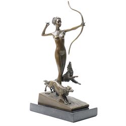 Bronze figure of Diana and her hounds, signed 'Lozenzl' to base, H33cm 