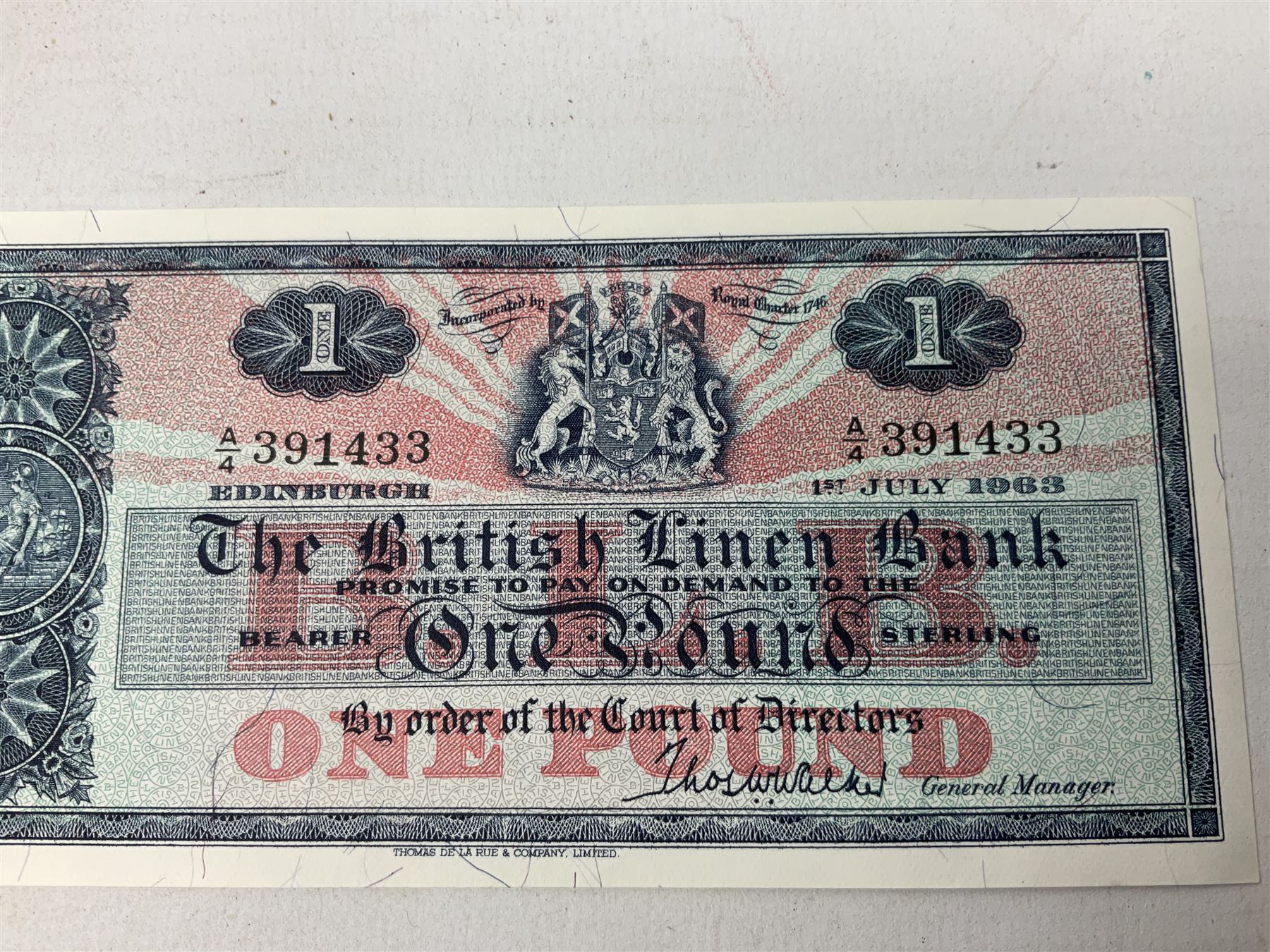 Four The British Linen Bank one pound notes, all 1st July 1963 A/4, '391430', '391431', '391432' and '391433'