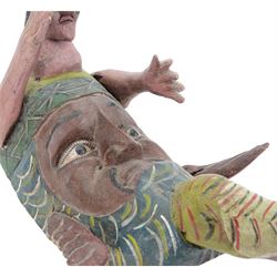 Carved folk art mask, modelled as a merman, hand painted, H50cm 