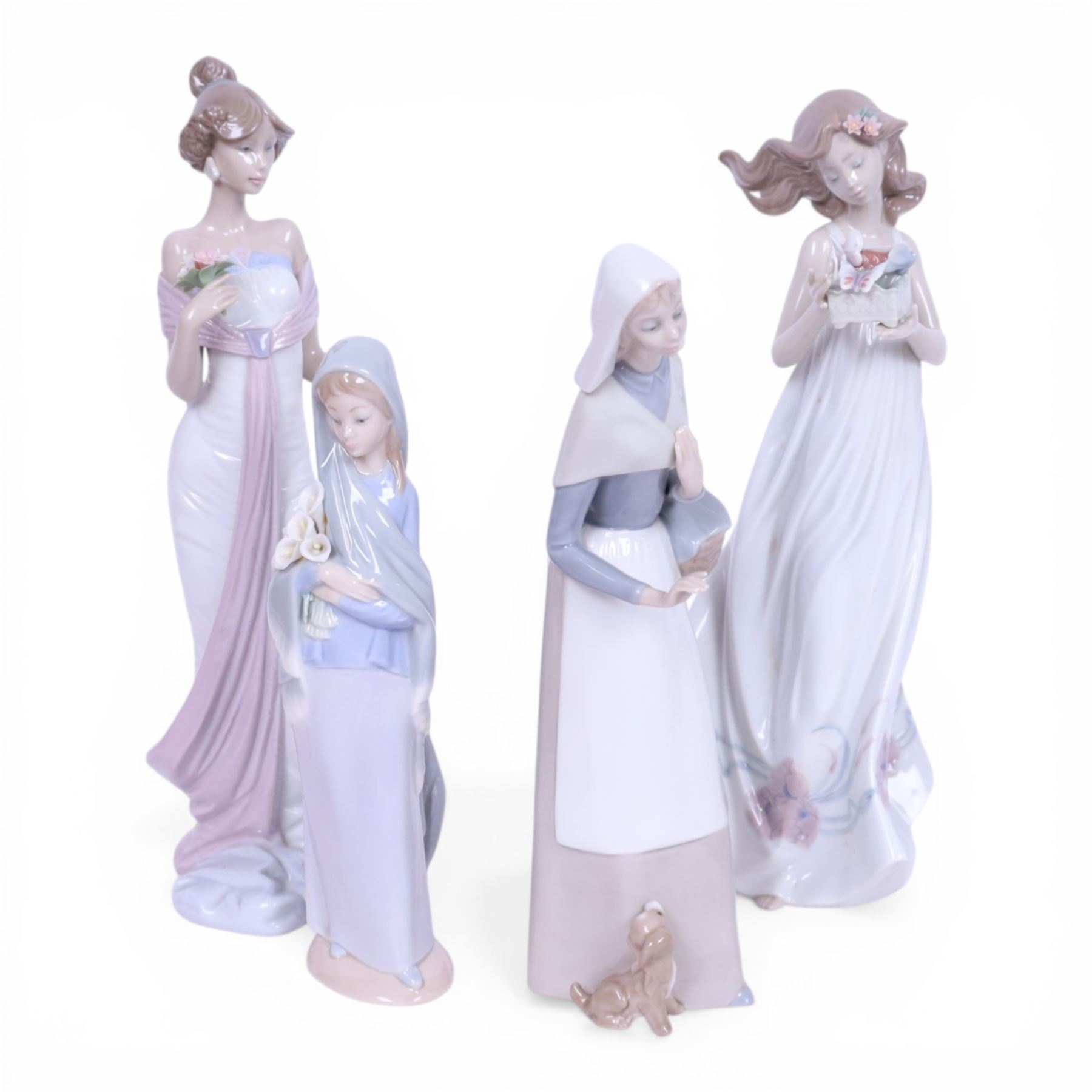 Four Lladro figures, comprising Summer Infatuation 6366, Butterfly Treasures 6777, Girl with Calla Lilies 4650 and Shepherdess with Dog 1034