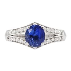 White gold sapphire and diamond ring, single oval cut sapphire of approx 1.00 carat, with ...