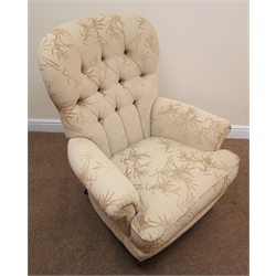  Victorian style salon armchair, upholstered in deep buttoned beige fabric, scrolled arms, turned supports, W83cm  