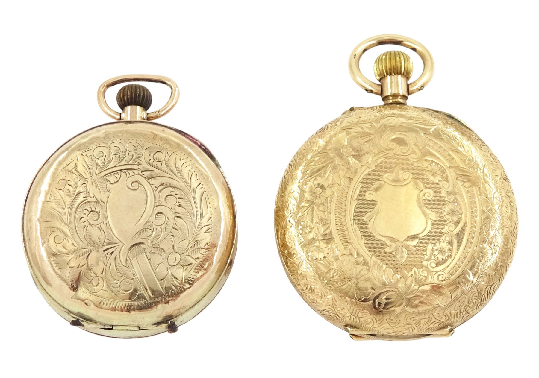 Early 20th century 14ct gold fob watch with a white enamel dial and a smaller 9ct gold keyless fob watch, both with keyless cylinder movements