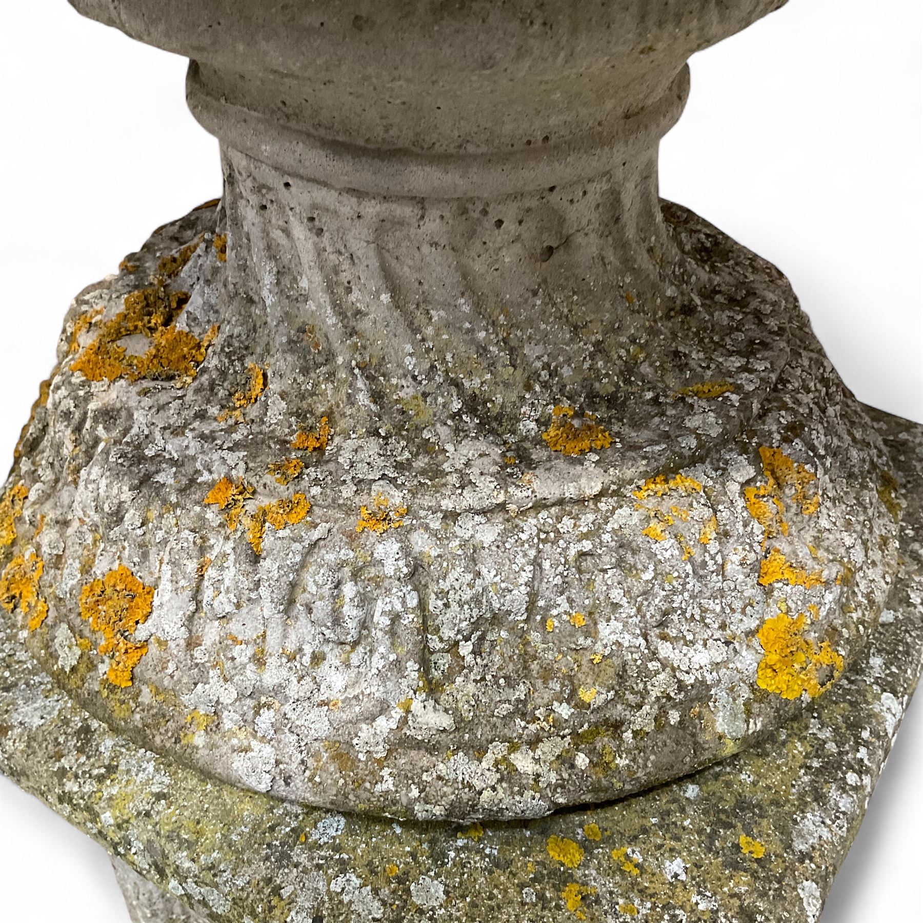 Pair of cast stone ornate garden urns, on plinth bases