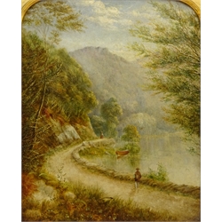 Figures on a Road by the River, 19th century oil on board unsigned 25cm x 20cm