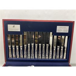 Viners Emassy canteen of Sheffield silver plated cutlery, 58 pieces, comprising eight table knives, dessert knives, dessert spoons, teaspoons, table forks, dessert forks, soup spoons, and two table spoons, housed in case with hinged lift up lid raised on four feet, L45cm