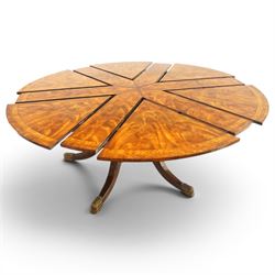 Theodore Alexander - Regency Revival figured mahogany 'Althorp Patent Jupe' extending dining table, the segmented circular top formed of six pull-out triangular divisions with inset fold-out leaves, raised on a large turned vasiform pedestal on a pentagonal platform base with ebonised stringing, terminating to five splayed supports with gilt metal acanthus scrolled feet, retailed by David Hick Interiors, Jersey