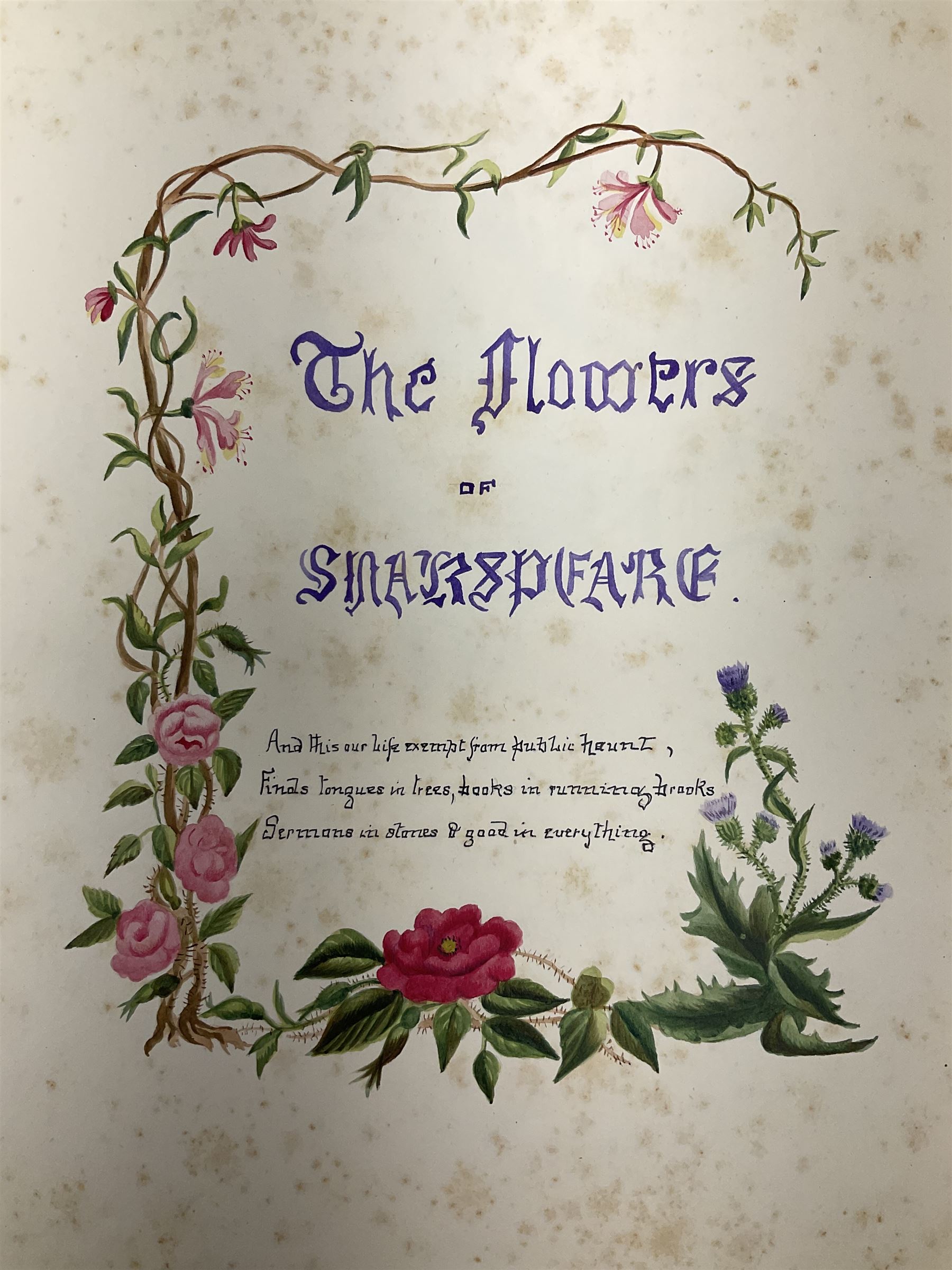 Collection  of 'the Flowers of Sheakspeare' bound in a book, approximately twenty nine studies in watercolour, each work detailing the act the flower is mentioned, together with the tapestry book by Candee. 