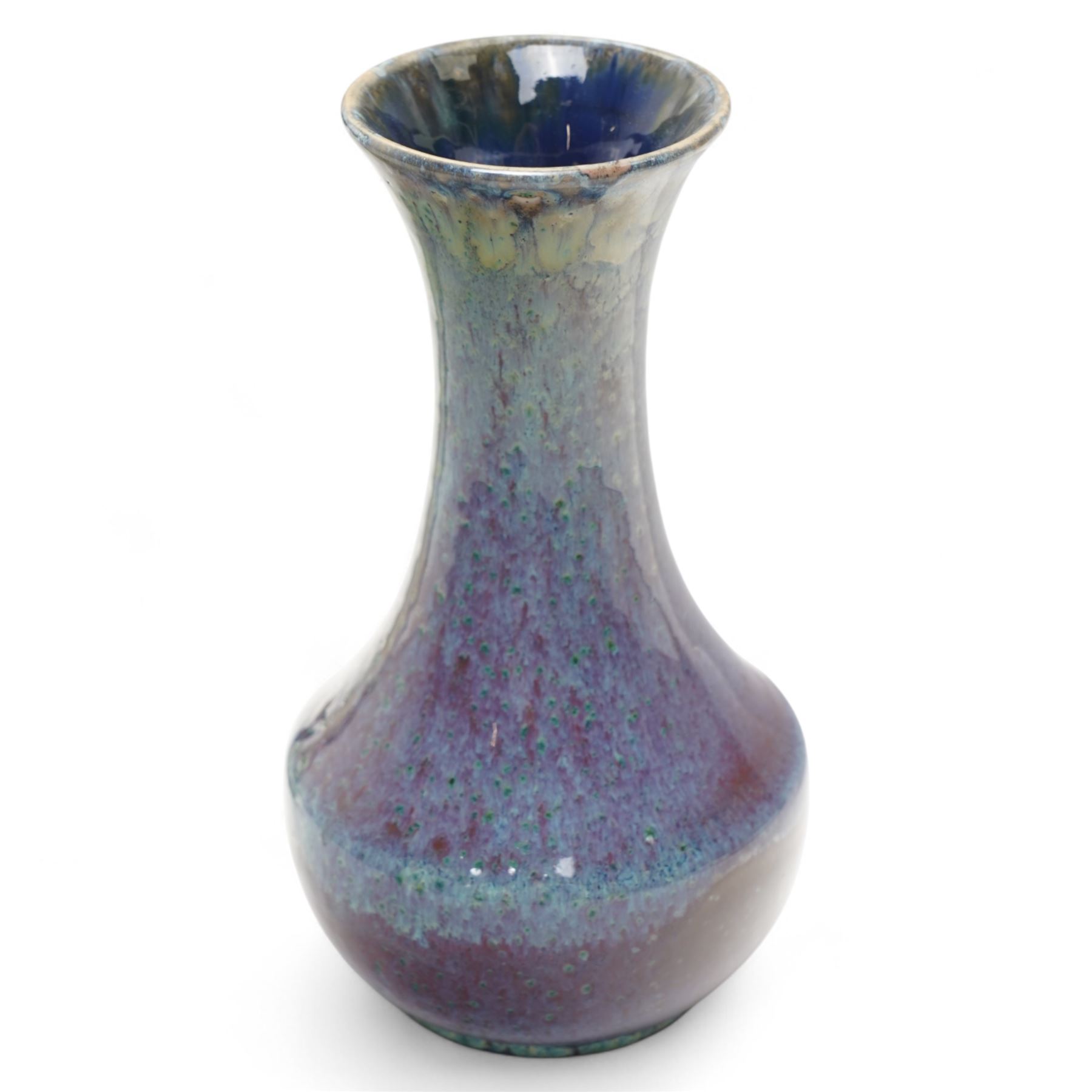 Poole pottery 'Atlantis' vase by Jenny Haigh with brown speckled decoration on a beige and brown ground signed and numbered A5/1 H9cm and a Cobridge stoneware vase with plum coloured drip glaze H23cm date code 2002 (2) 