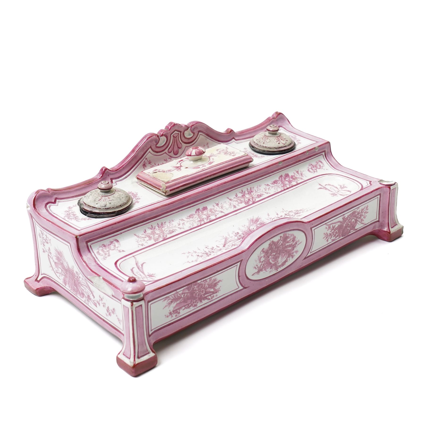 19th Century French enamelled porcelain inkstand, by Gien, in shades of pink and white, with twin inkwells and pen tray, printed marks to base W31cm D16cm