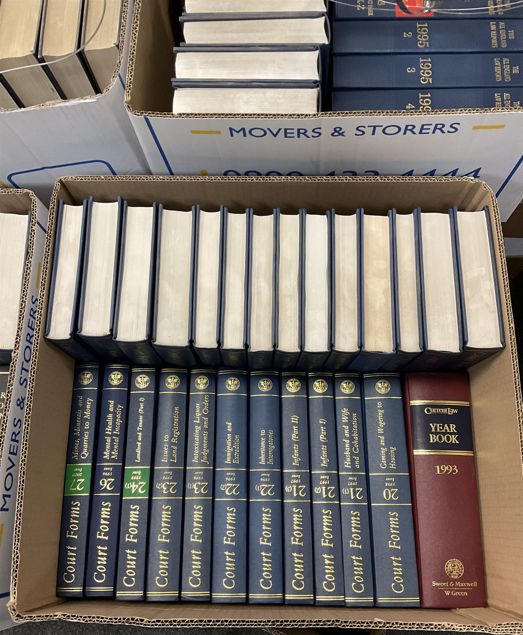 Large collection of law books, to include Halsbury’s Statutory Instruments, Atkin’s Court Forms, Halsbury’s Laws of England etc, in fourteen boxes  