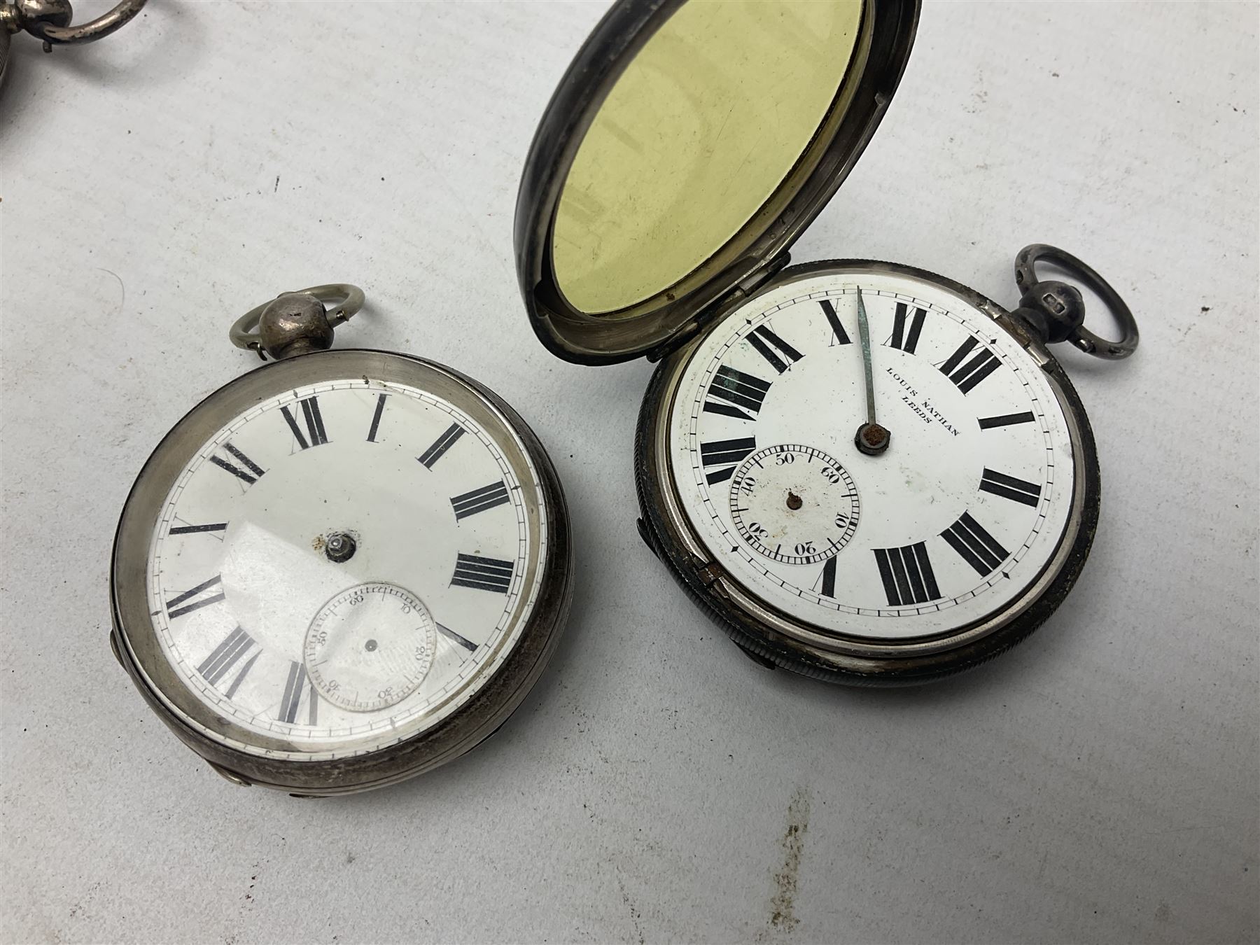 Edwardian silver open face lever fusee pocket watch by Louis Nathan, Leeds, case hallmarked Chester 1906, one other silver pocket watch by American Watch co, Waltham and a silver pocket watch case, hallmarked