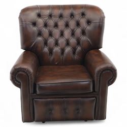 Thomas Lloyd  - electric reclining armchair, brown leather,  button upholstered back, cushion seat, and wide scrolled arms, raised on bun feet 