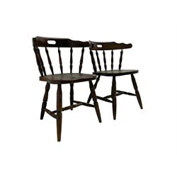 Mixed set of six tub-shaped elbow chairs, curved and shaped cresting rail on turned balustrade, on turned supports joined by turned H stretchers 