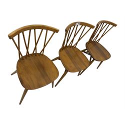 Lucian Ercolani for Ercol - set of six 'Shalstone dining chairs, curved top rail and spindle back with criss-cross design, solid seat raised on tapering supports, united by matching criss-cross stretchers