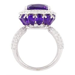 Damas 18ct white gold amethyst and diamond Vera ring, the central square cushion cut amethyst of 6.28 carat, with round brilliant cut diamond surround, pear cut amethyst gallery and diamond set shoulders, total amethyst weight 15.48 carat, total diamond weight 1.10 carat, with certificate